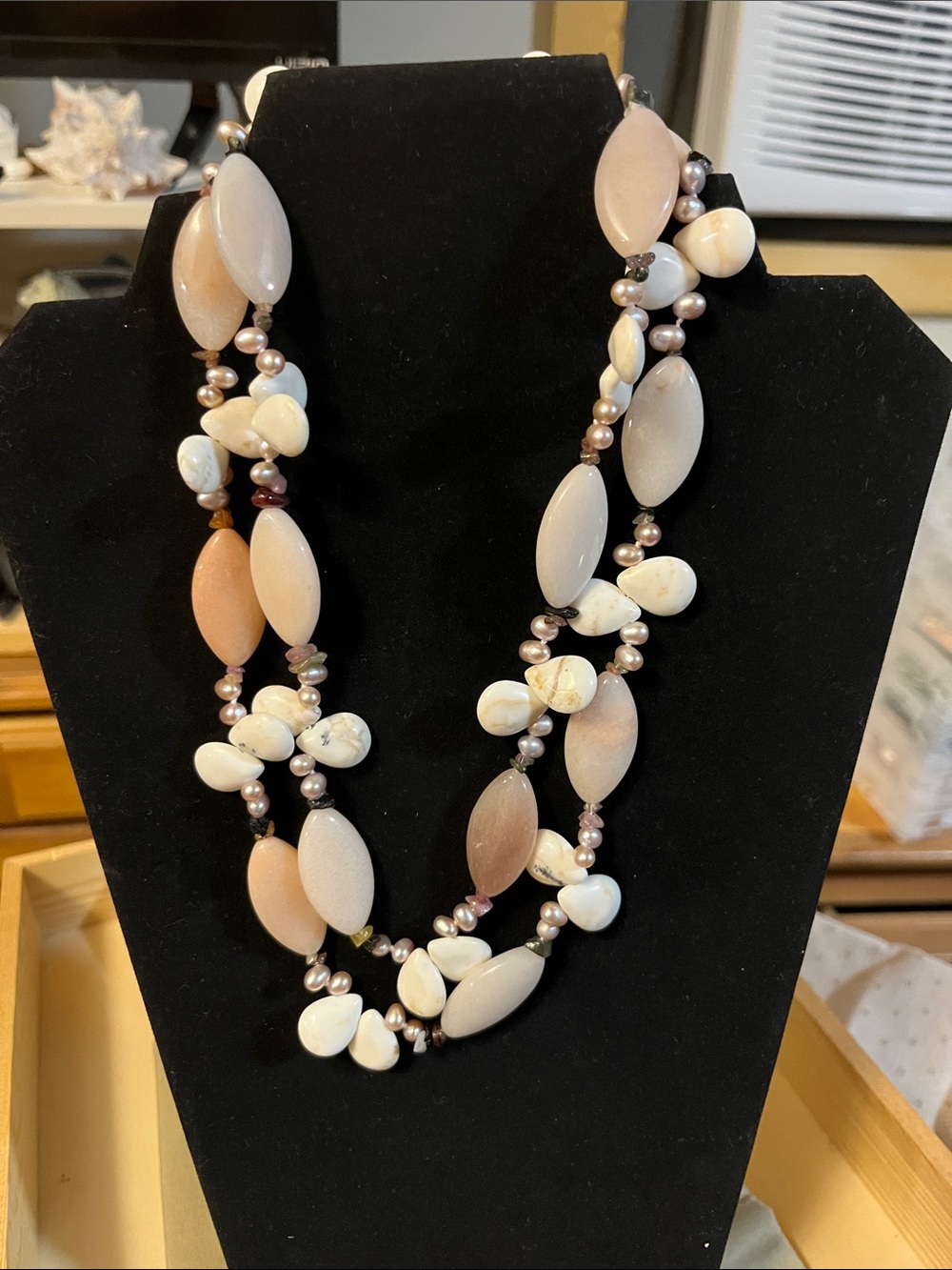Multi-Strand Cream and Peach Bead Necklace - Unbranded